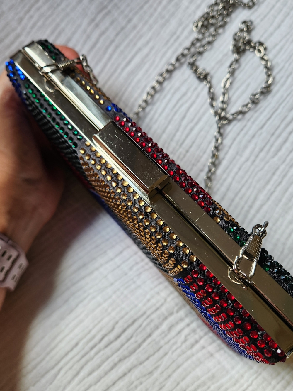 Multicolor Rhinestone Box Clutch, Geo Pattern - Picture 4 of 6